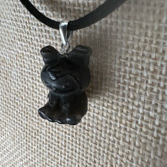 Silver Sheen Obsidian Kuromi Bead Pendant on Silver Bail and Faux Suede - Picture 6 of 9
